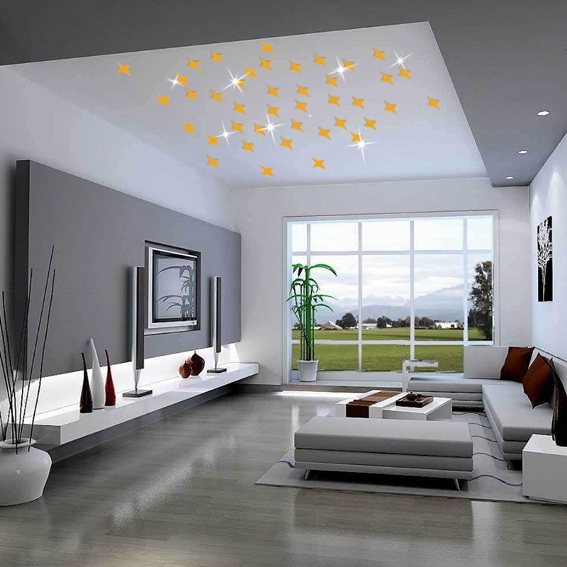 Bộ 50 Miếng Dán Tường 3d Hình Ngôi Sao Bằng Acrylic Tráng Gương Trang Trí Phòng Khách / Phòng Ngủ / Trần Nhà Diy