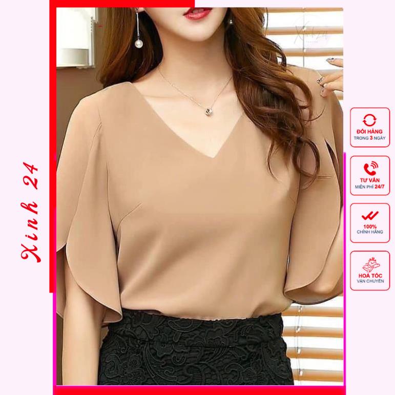 Áo kiểu nữ, áo sơ mi nữ cổ tim, thiết kế tay xẻ tà cách điệu | BigBuy360 - bigbuy360.vn