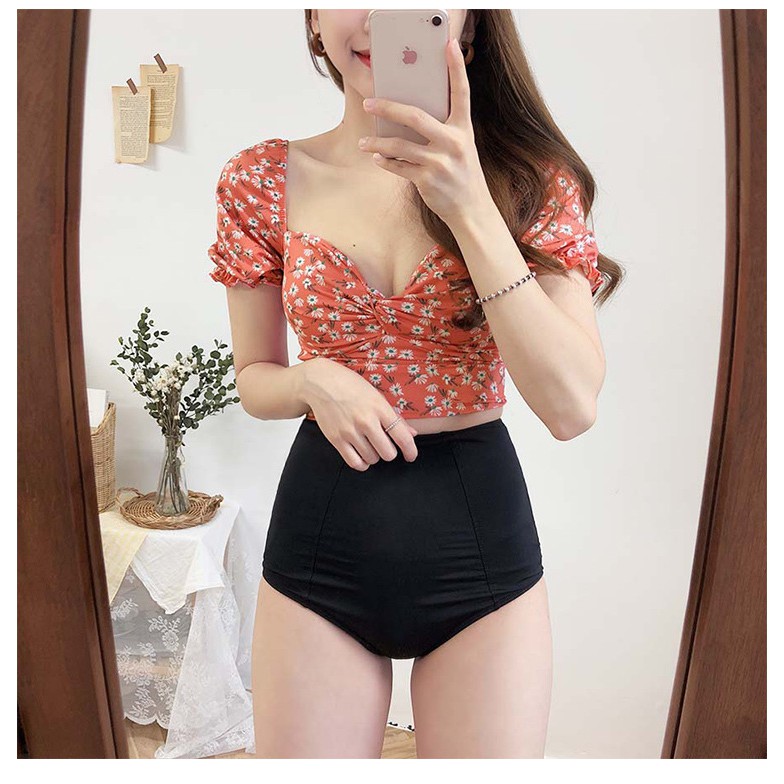 [ẢNH THẬT] Bikini bộ bơi nữ cộc tay quần cạp cao hoa nhí -Áo Tắm Nữ Hè 2020 | BigBuy360 - bigbuy360.vn