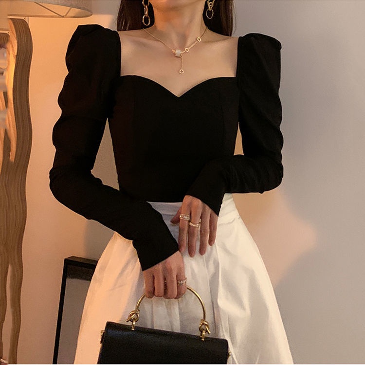 Đen Áo Kiểu Tay Phồng Cổ Vuông Khoét Sâu Quyến Rũ