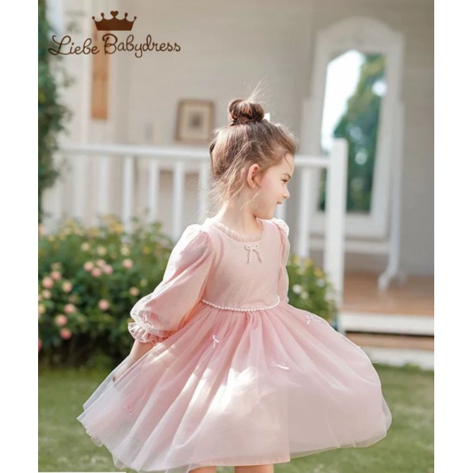 Đầm nhung voan công chúa bé gái hồng pastel phấn đính hạt 1-8 tuổi