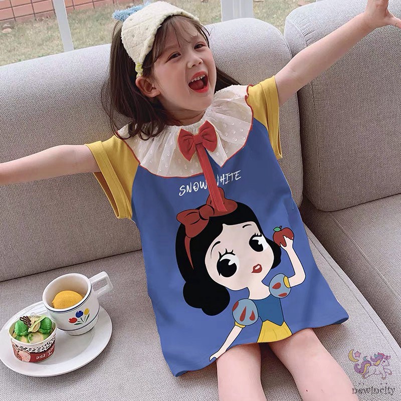 Đầm ngủ tay ngắn cổ bẻ in họa tiết hoạt hình đính nơ phối ren phong cách Hàn Quốc dễ thương cho bé gái