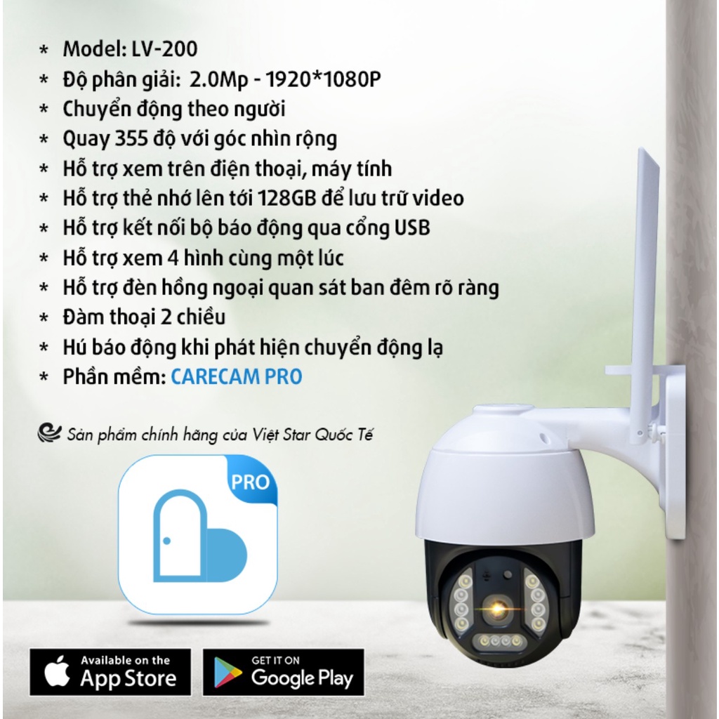Camera IP Wifi CareCam 19HS200 FHD1080-2.0Mps Cảm Biến Hồng Ngoại, Theo Dõi Chuyển Động 2.0Mpx