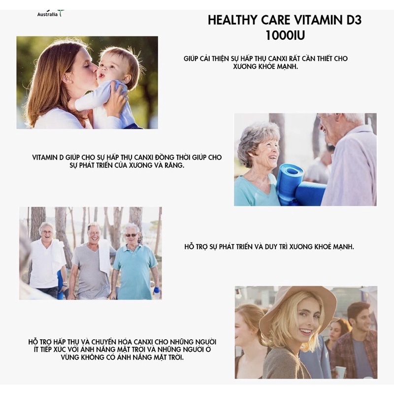 Viên uống vitamin d3 1000iu healthy care Úc 250 viên