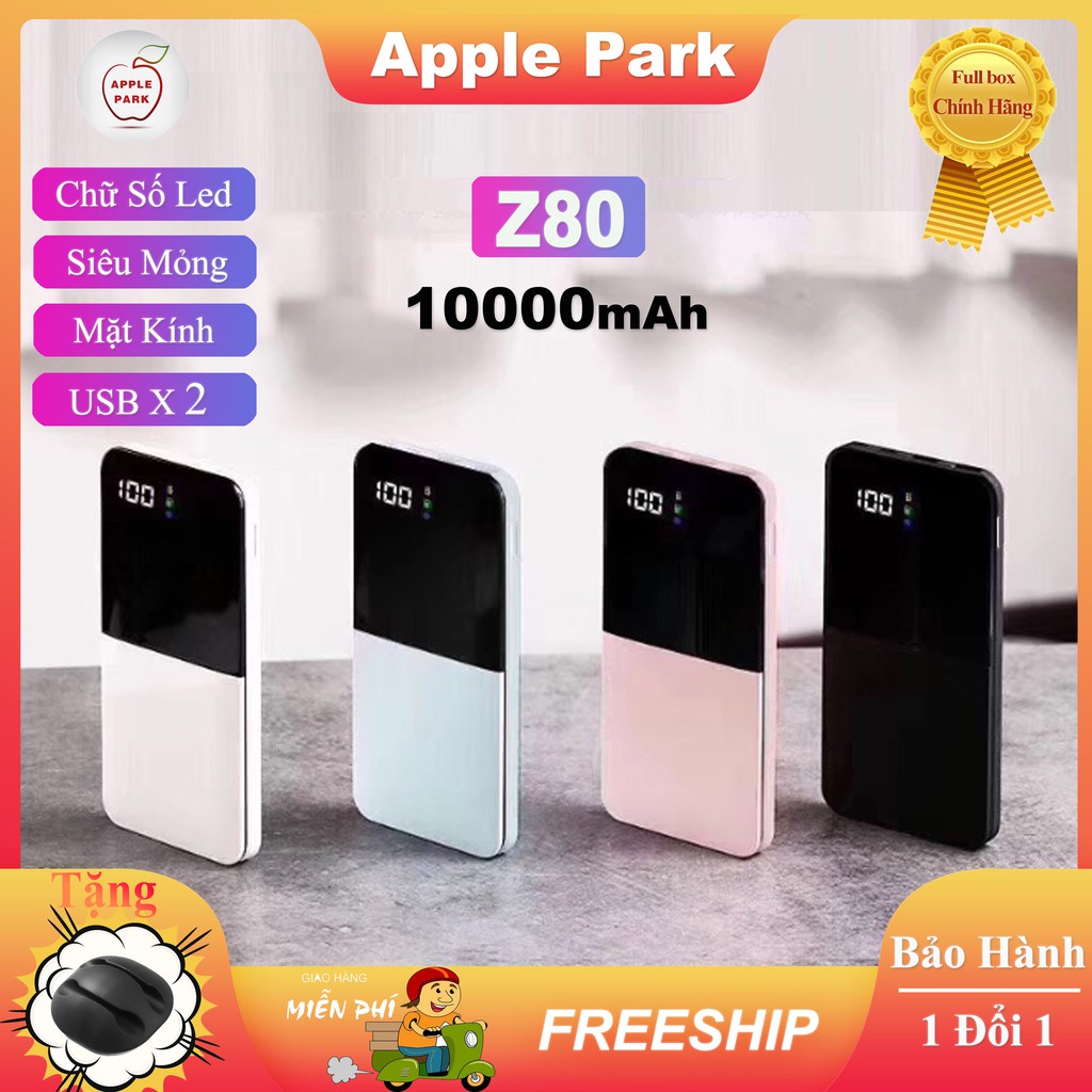 Pin Sạc Dự Phòng Siêu Mỏng Mặt Kính Mini Z80 10000mAh Power Bank Sạc Nhanh 2.1A Đèn Led Chữ Số 2 cổng đầu ra USB