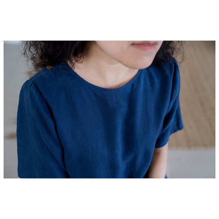 Đầm linen dáng suông xanh cô tròn, form rộng nhún eo,mặc đi chơi,dạo phố