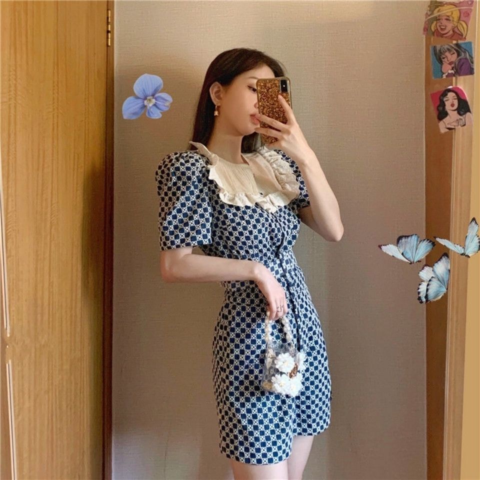 Jumpsuit Ngắn Họa Tiết Sọc Caro Phong Cách Retro Pháp Thời Trang Mùa Hè Cho Nữ