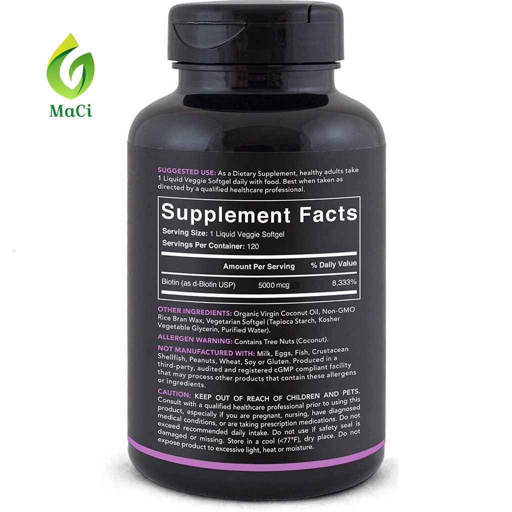 Viên Uống Biotin 5000 mcg Sports Research Chiết Xuất Dầu Dừa Hữu Cơ, Hỗ Trợ Da Tóc Móng Khỏe Mạnh 120 viên MaCi