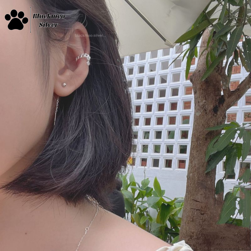 Bông tai kẹp vành bạc xích tròn đính đá pha lê nhân tạo, khuyên tai bạc tròn Blackmeo
