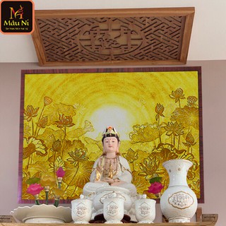 [ TRANH THỜ dán tường ] kt 81cmx107cm - Sen vầng - dán phòng thờ, vách thờ, bàn thờ, tượng thờ tranh trúc chỉ in MÂU NI