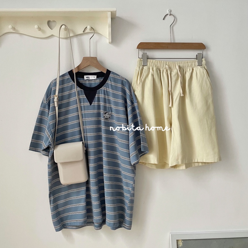 NOBITA HOME - Áo thun tay ngắn kẻ sọc thêu logo form rộng 7135