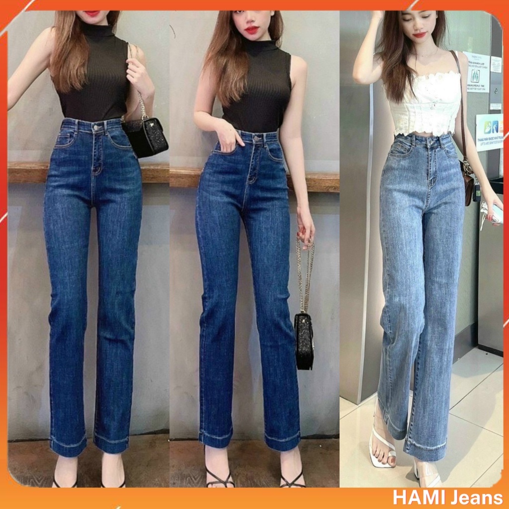 Quần jean nữ ống đứng co giãn lưng siêu cao quần bò ống đứng co giãn cạp cao lai may to