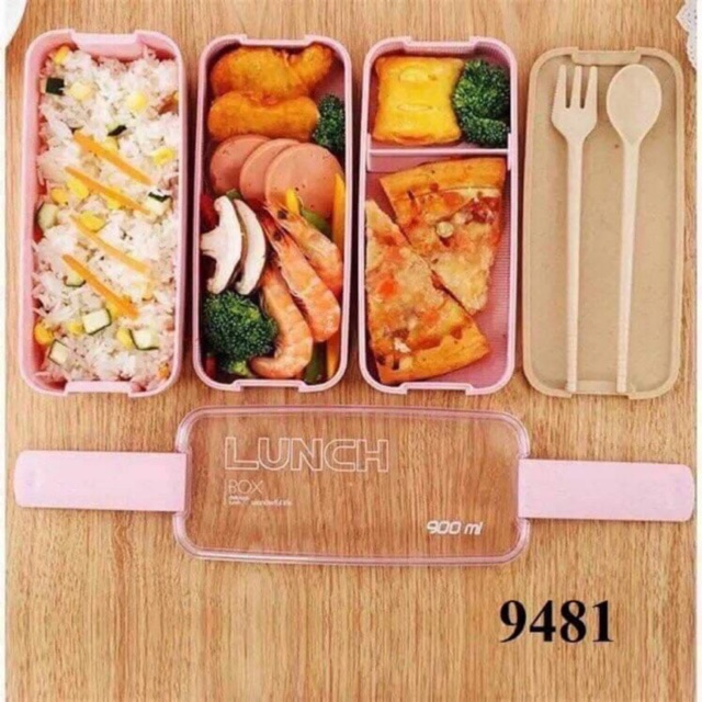 Hộp cơm lúa mạch 3 tầng 900ml kèm muỗng dĩa