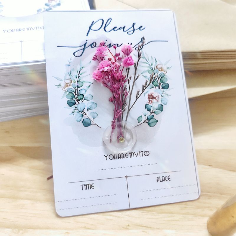 Set 10 THIỆP MỜI HOA KHÔ Mini + dấu sáp mời dự tiệc sinh nhật, lễ kỉ niệm, sự kiện khai trương, party ăn mừng