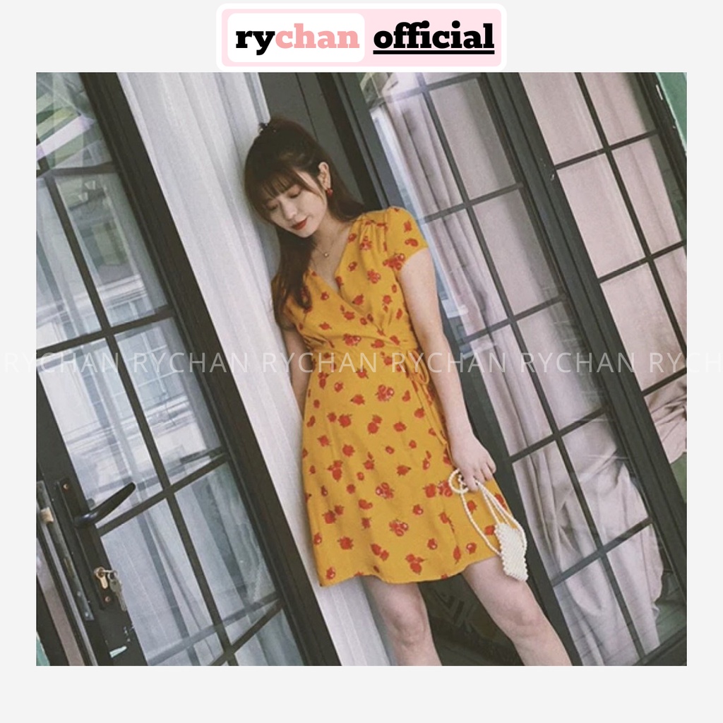 Đầm Xòe Đi Du Lịch Đi Biển Hoa Vàng Đắp Chéo Cột Eo - DX887