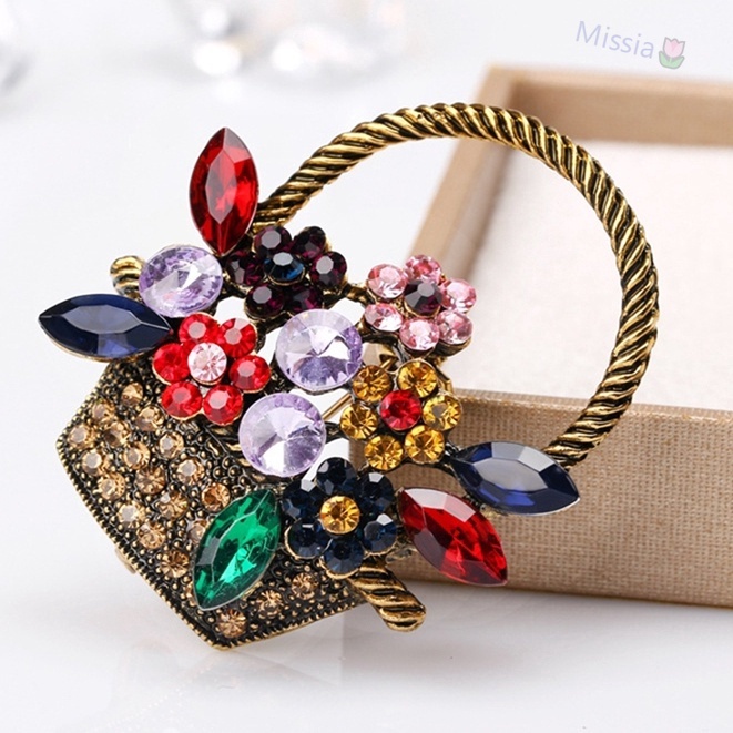 Huy hiệu cài áo hình giỏ hoa đính đá sang trọng cho nữ