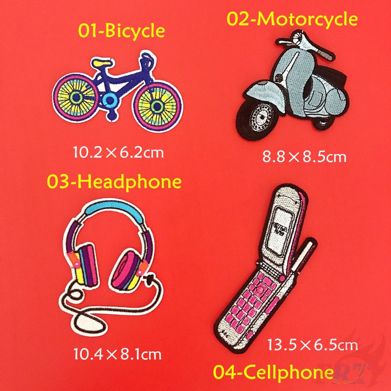 Hình dán vải ủi khâu hình xe đạp/ xe máy/ tai nghe/ điện thoại đa dạng