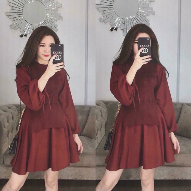 mix thânvasy xoe pha len che khuyet diem cucj ddejp xinh dieu. tay bồng nhẹ thắt nơ điệu4 màu : đen - hồng - be - đen