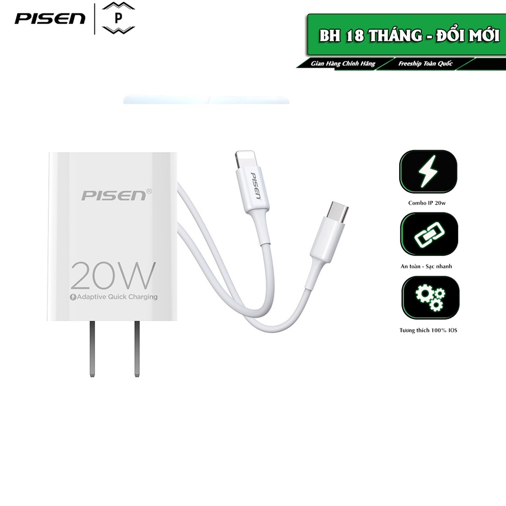 Combo sạc PISEN QUICK PD 20W, sạc nhanh, công suất sạc 20W kèm cáp sạc nhanh Type-C to L TS-C135 - Hàng chính hãng