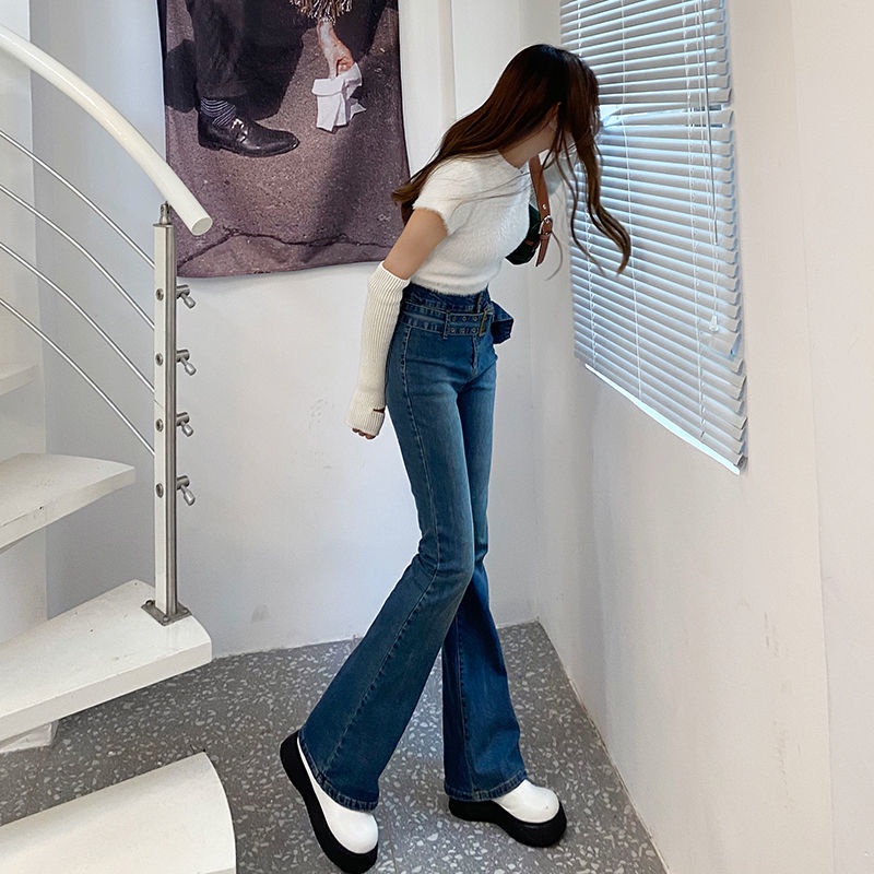 Jiashucheng Quần Jean Dài Ống Loe Lưng Cao Nhẹ Nhàng Ôm Dáng Mùa Xuân Hè Châu Âu Cổ Điển Cho Nữ