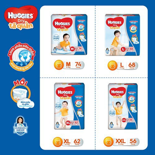 [Mã HUGG2703 giảm 7% đơn 449K] Tã quần Huggies Pant Super Jumbo M74/L68/XL62/XXL56