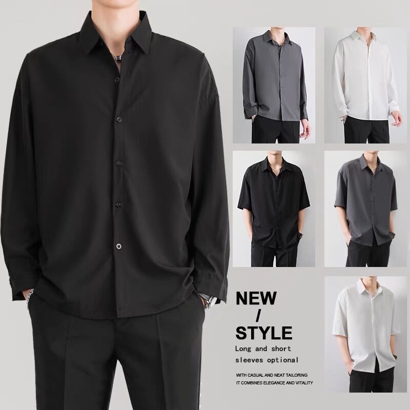 Ice Silk Black Shirt Men's Long-Sleeved Korean Style Trendy Summer Thin Hong Kong Style Casual Coat Men's Clothing Non-Ironing White Shirt