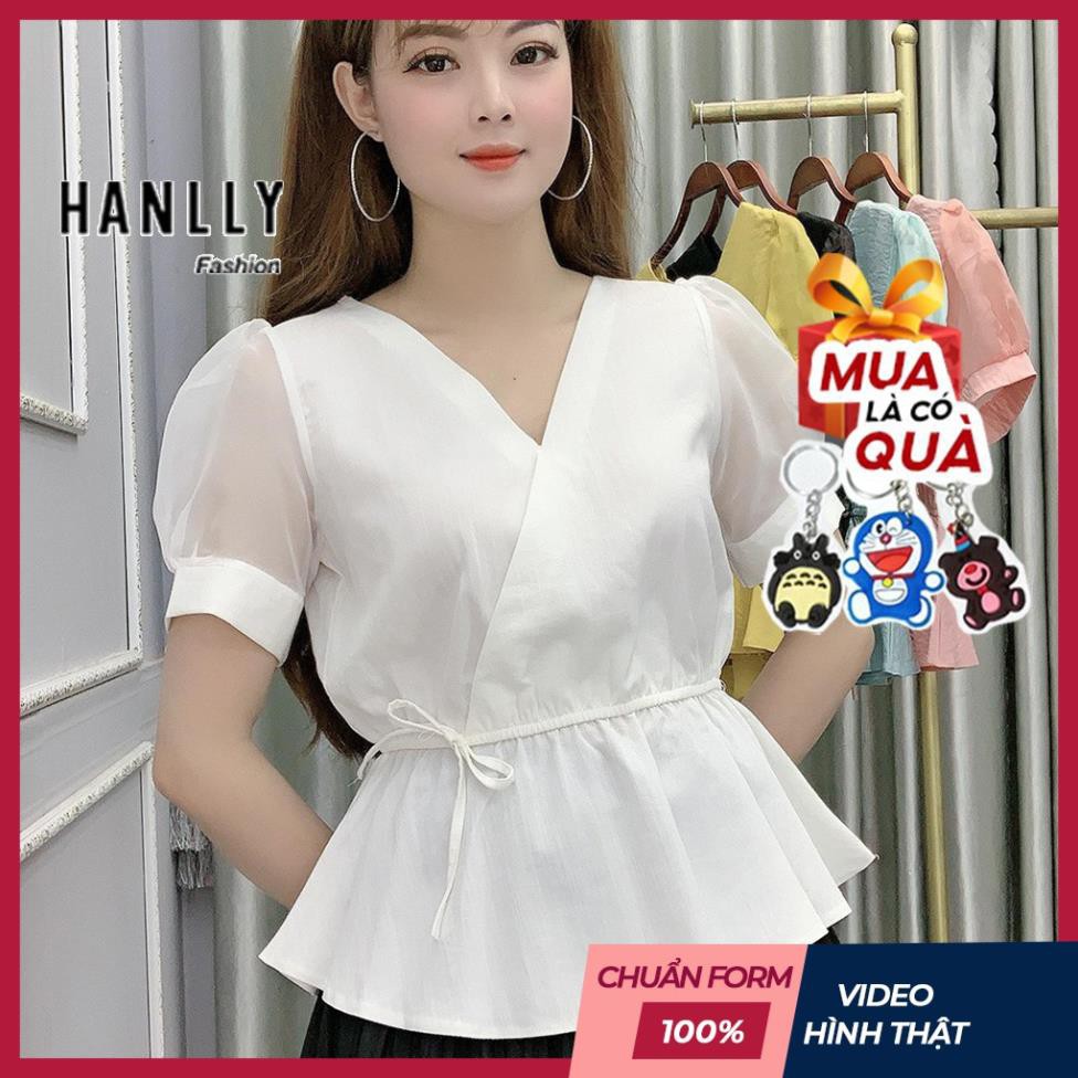 Áo Sơ Mi Kiểu Công Sở Ngắn Tay Chất Đũi Tay Voan Cổ Tim - 5 Màu Trắng Vàng Đen Xanh Hồng - Hanlly Fashion - A1  ཾ ྇