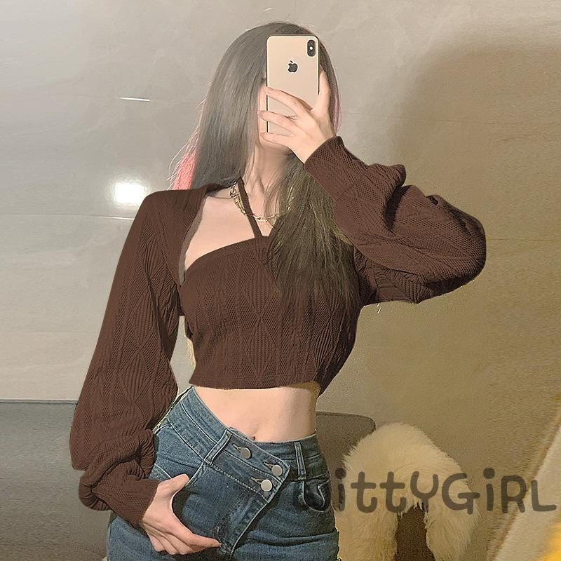 Set áo croptop dệt kim màu trơn không tay + áo khoác vai dài tay thiết kế thời trang cho nữ