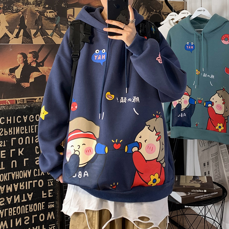 Áo sweater dáng rộng dài tay in hình hoạt họa có mũ trùm thời trang thu đông Hàn Quốc cho nam | BigBuy360 - bigbuy360.vn