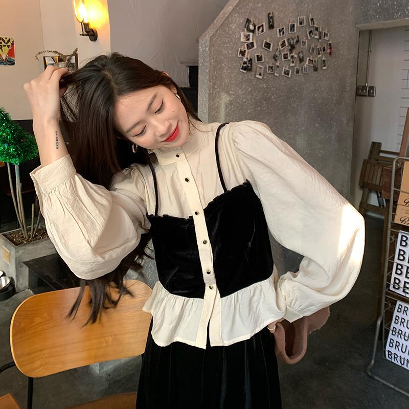 COZOKC Áo Sơ Mi Tay Dài Cổ Đứng Phối Màu Tương Phản Phong Cách Vintage