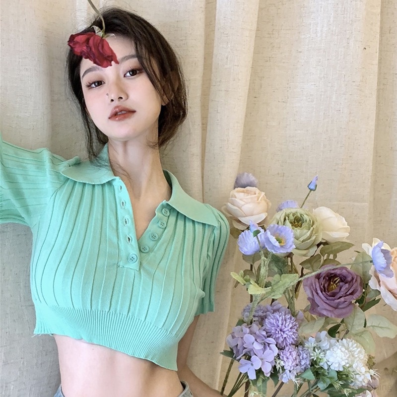 Áo Croptop Dệt Kim Màu Sắc Đơn Giản Phong Cách Hàn Quốc Cho Nữ