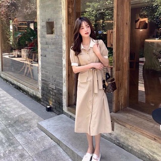 Váy Kaki Dáng Dài Phối Cổ Trắng