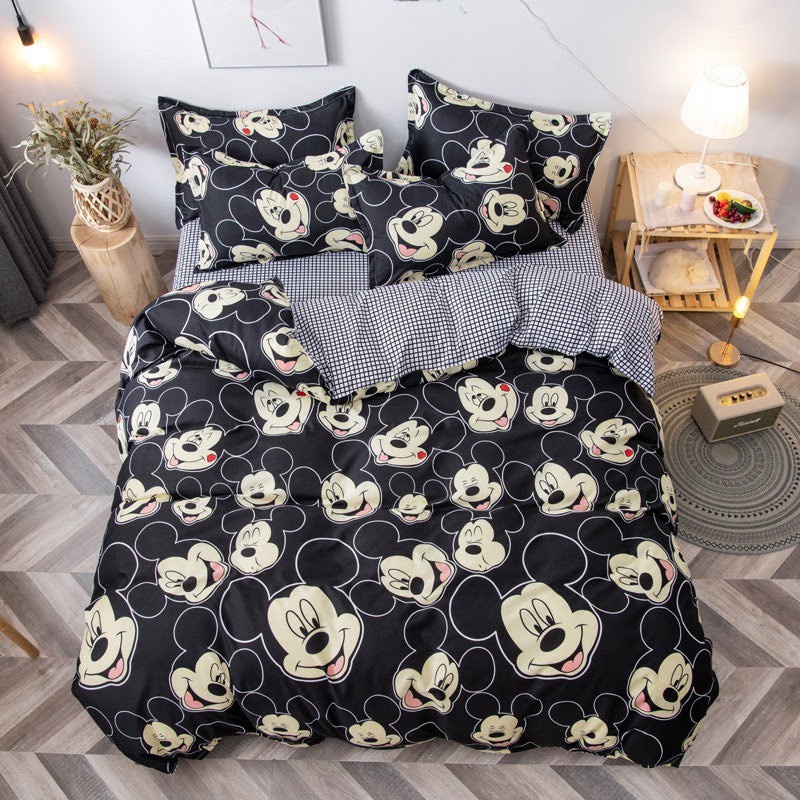 Chăn ga gối Emmibedding chất liệu cotton poly họa tiết mickey đen đáng yêu đủ size miễn phí bo chun