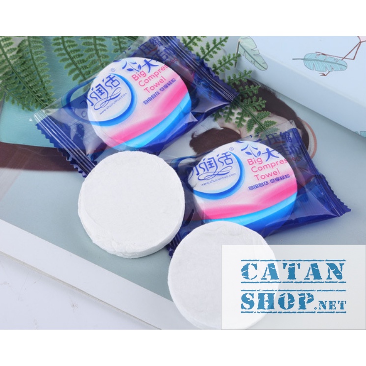 Khăn tắm cotton dạng nén dùng 1 lần , Khăn du lịch Đa Năng Tự Nhiên Thấm Nước Tốt GD580-KtamN-xanh