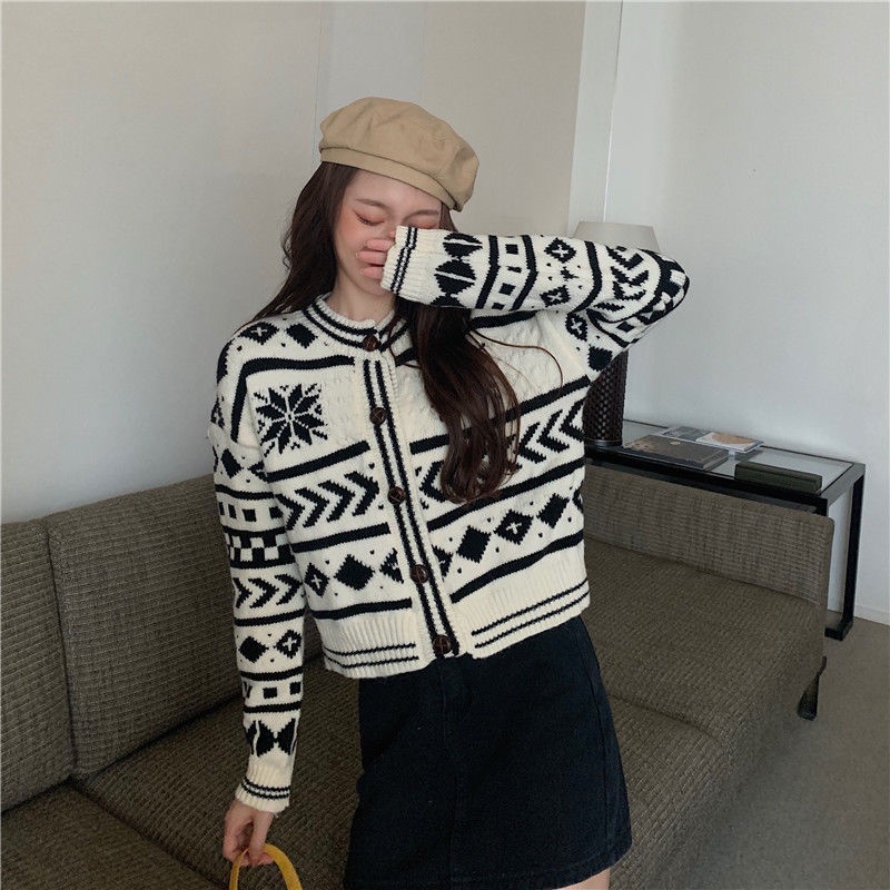 Korean sweater knitted snowflake pattern long-sleeved cardigan women's clothing