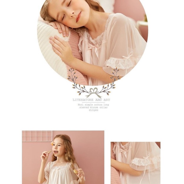 Đầm ngủ tay ngắn phối ren lưới thiết kế dễ thương cho mẹ và bé