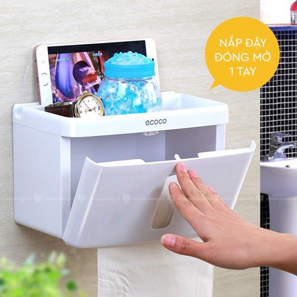 Hộp đựng giấy vệ sinh Ecoco chữ nhật dán tường nhà tắm - kệ toilet cao cấp có khay đựng đồ dùng cá nhân