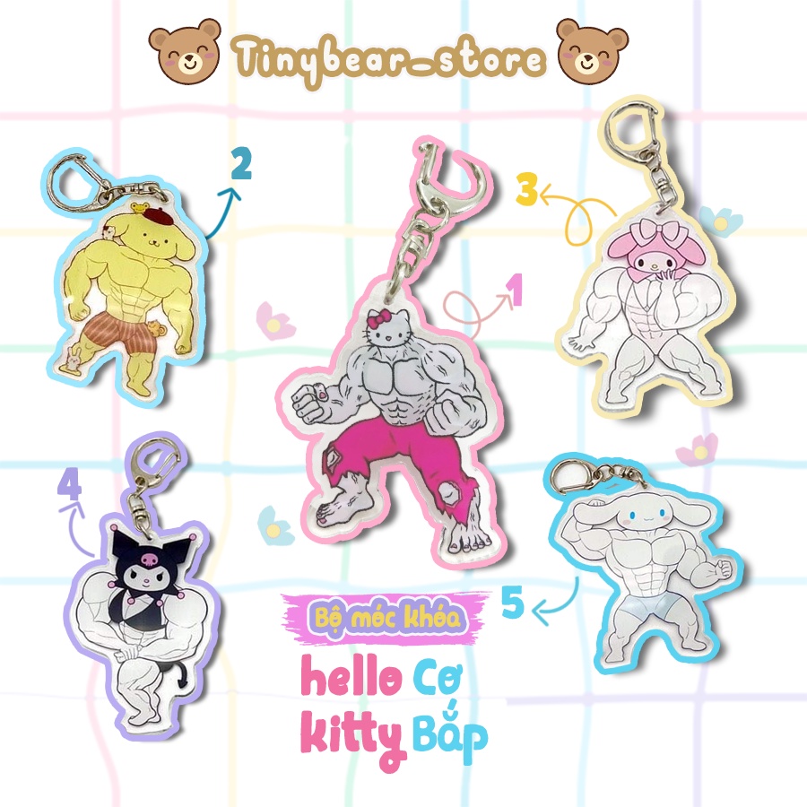 Móc khóa hello kitty cơ bắp đô con lực điền phong cách anime dành cho cặp đôi, treo balo, xe máy, chìa khóa