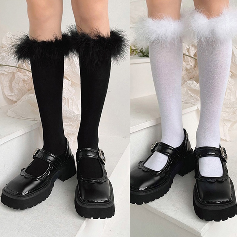 Đôi tất cổ cao ngang đầu gối lai viền lông vũ màu trơn ngọt ngào phong cách Kawaii Nhật Bản Bản