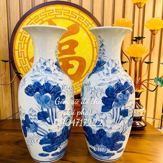 Cặp lục bình men Ngọc họa tiết vẽ tay cái 50cm, Lọ hoa, Lục bình vẽ sen gốm sứ Bát tràng cao cấp