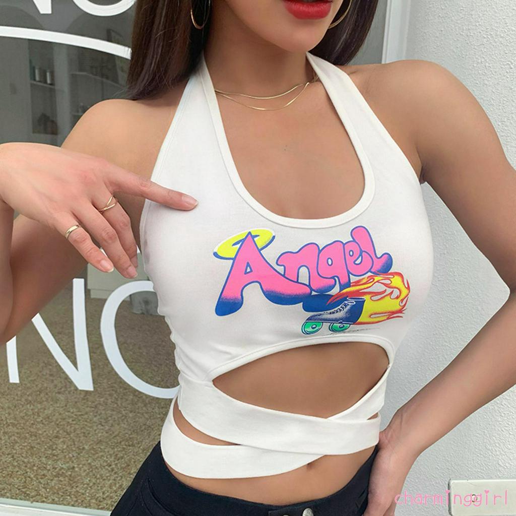 Áo lửng cổ chữ u in chữ Angel hoạt hình gợi cảm cho nữ