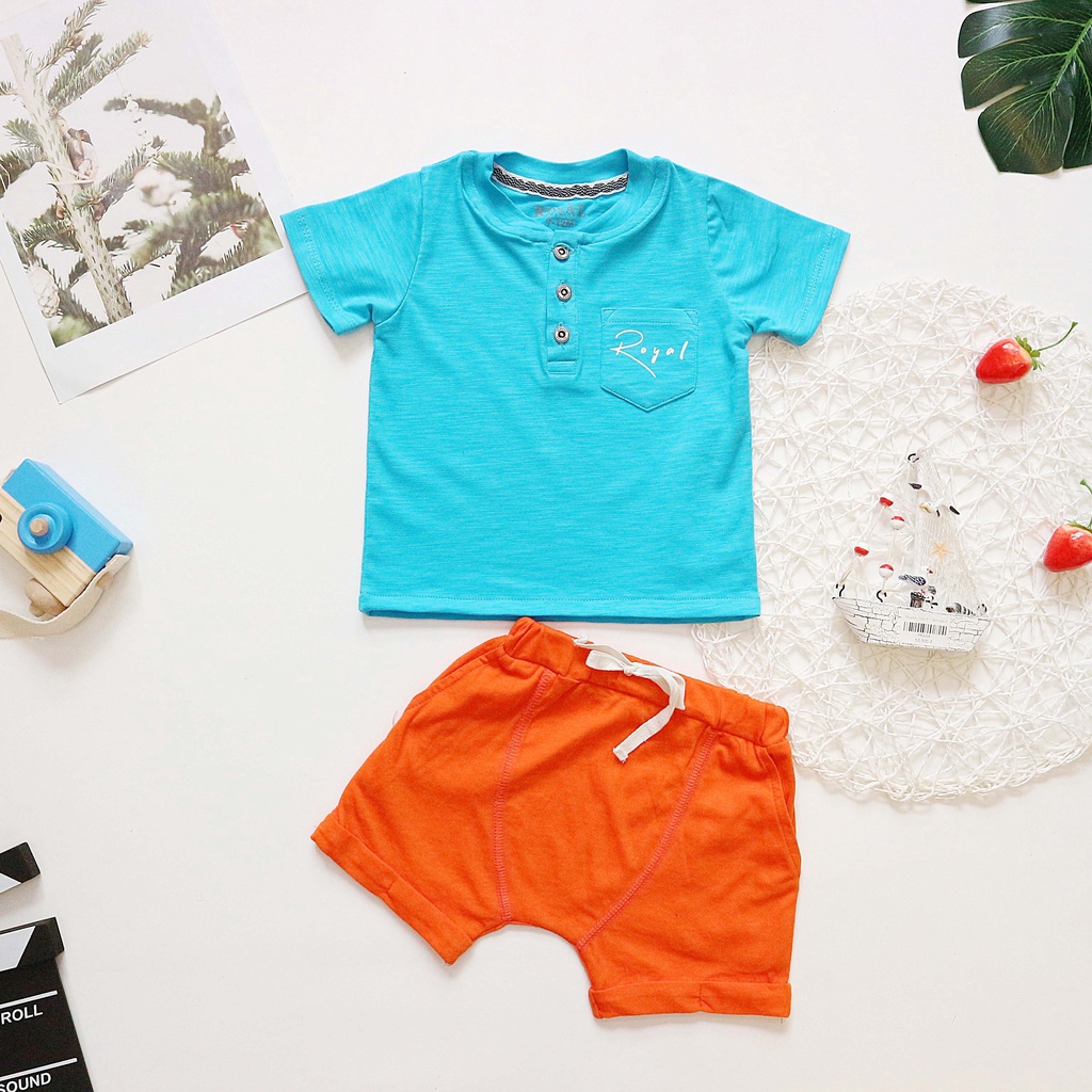 Bộ quần áo bé trai Royal kids áo màu xanh biển đậm in logo cho Bé từ 8 21kg