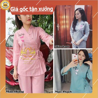 Quần Áo Đi Chùa, Bộ Đồ Lam Vạt Chéo Thư Pháp In Hoa Sen Chất Kate mềm mịn, thoáng mát - Hàng Loại 1