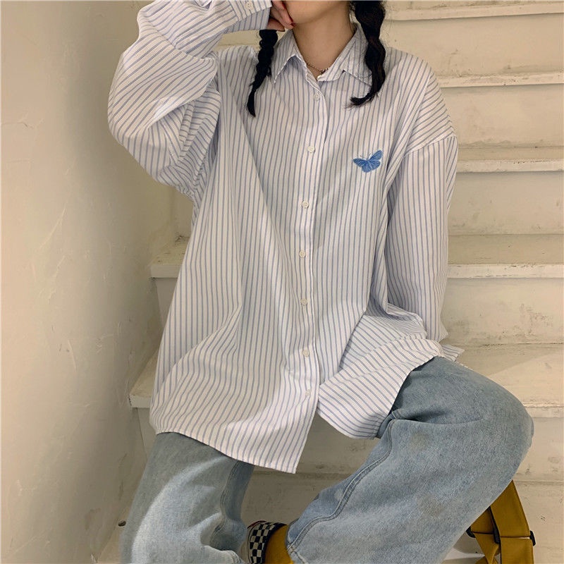 IELGY Áo sơ mi nữ dáng rộng tay dài cổ polo kẻ sọc họa tiết thêu thời trang Hàn Quốc