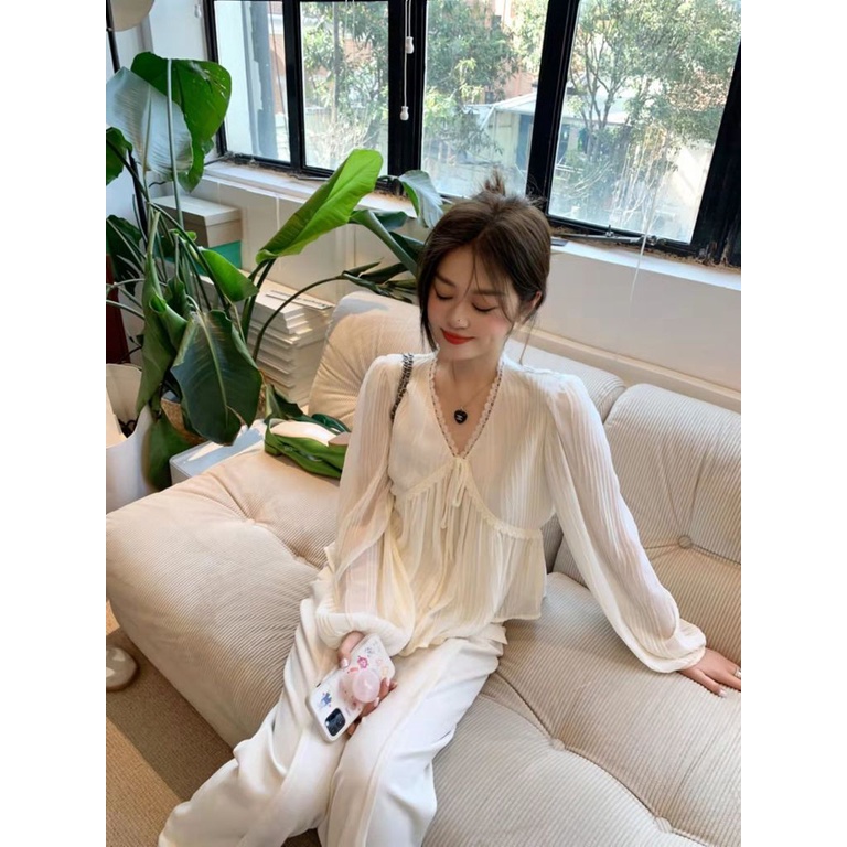 Áo Sơ Mi chiffon Mỏng Tay Dài Cổ Chữ v Phối Ren Phong Cách Hàn Quốc Mới Dành Cho Nữ