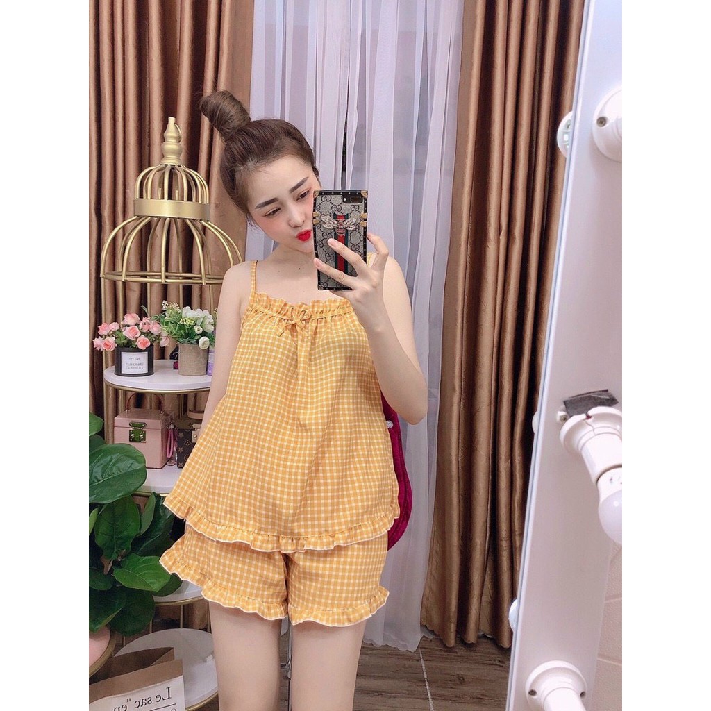 Set đồ bộ mặc nhà hai dây nữ lụa satin họa tiết caro quần đùi mặc mát cho mùa nóng, bộ đồ ngủ nữ hai dây