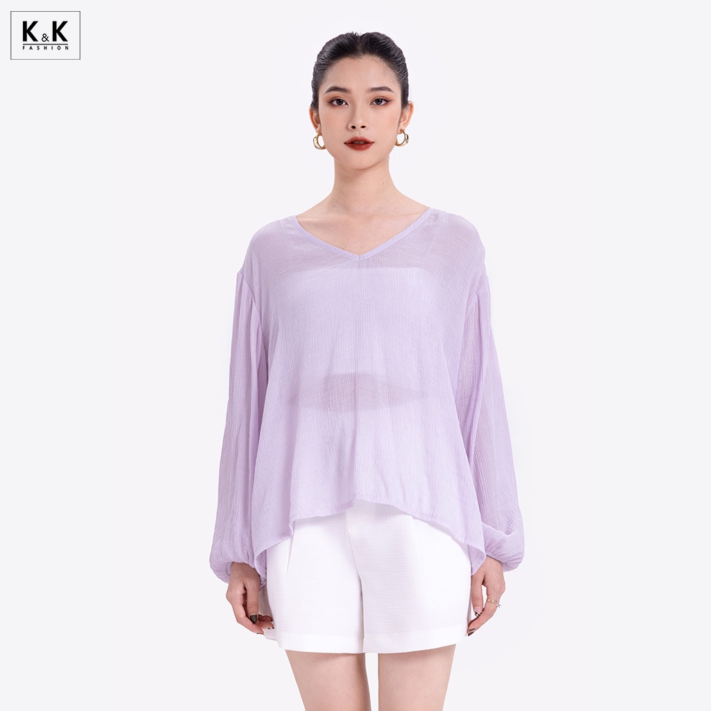 Áo Kiểu Cổ Tim K&amp;K Fashion ASM08-25 Tay Dài Chất Liệu Xốp Gân