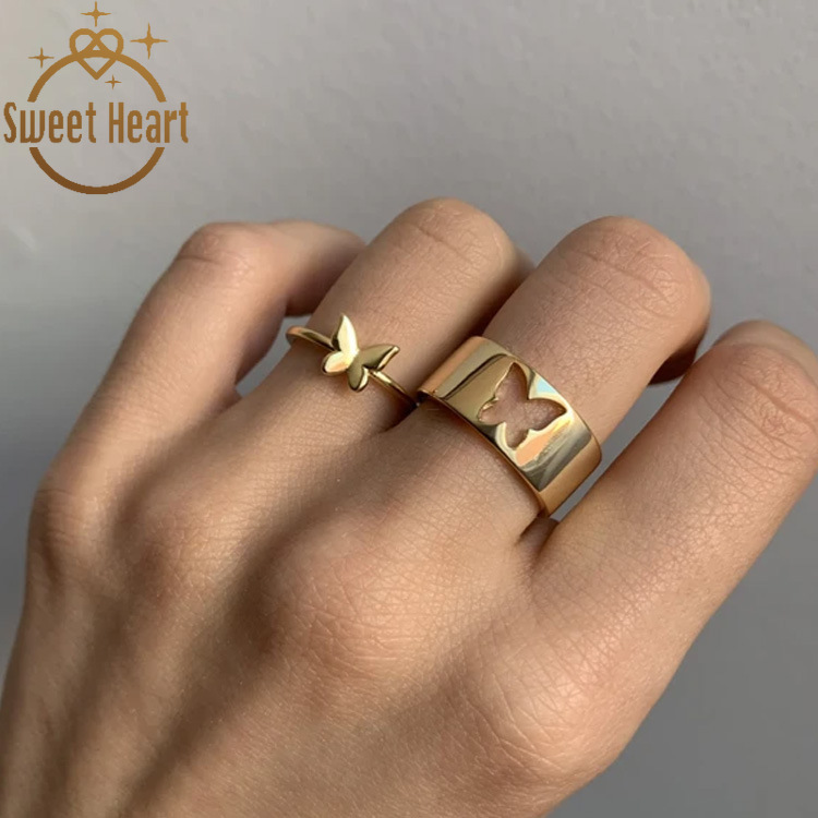 Set Nhẫn Đôi Phối Hình Bướm Phong Cách Cá Tính Có Thể Điều Chỉnh Kích Cỡ
