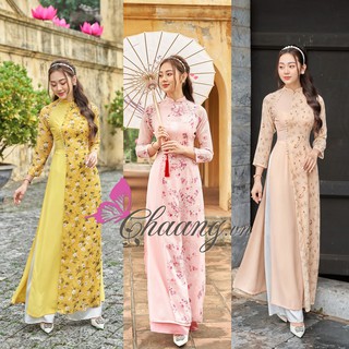 Áo dài hoa nhí 4 tà truyền thống may sẵn áo dài đẹp đính đá ngọc cao cấp