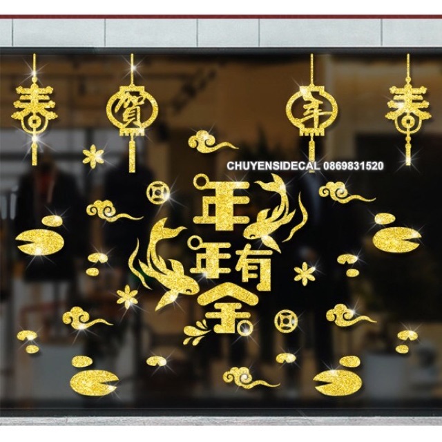 Decal dán Tết - Cá Rồng kèm chữ nhũ